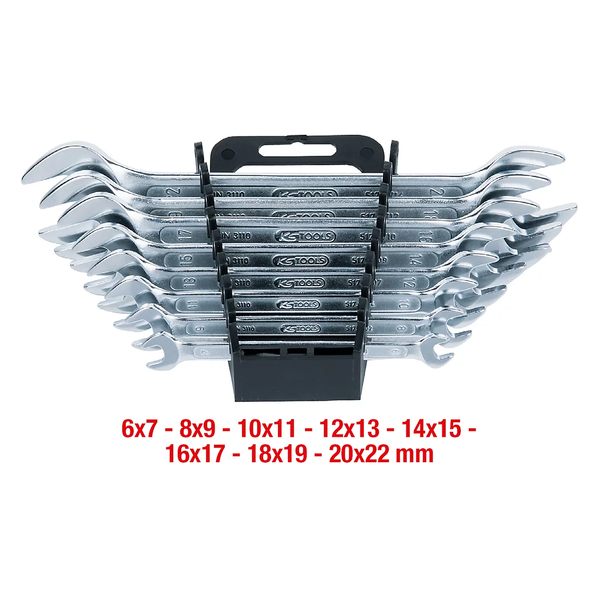 Ein Satz Schraubenschlüssel in einer schwarzen Halterung, Größenangaben unten in roter Schrift.